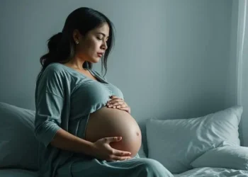 Mujer embarazada con expresión pensativa, sentada en la cama y sosteniendo su vientre.