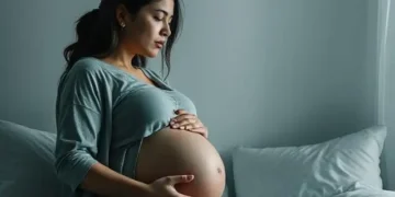 Mujer embarazada con expresión pensativa, sentada en la cama y sosteniendo su vientre.