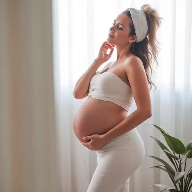 Mujer embarazada vestida de blanco acariciando su barriga con una expresión de felicidad.