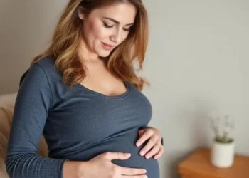 Mujer embarazada sonriente tocando su vientre mientras está sentada.