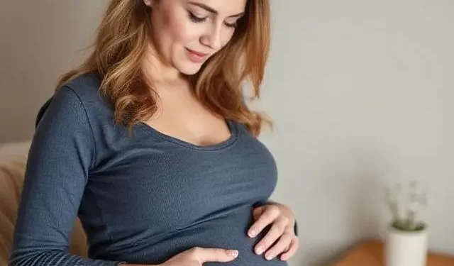 Mujer embarazada sonriente tocando su vientre mientras está sentada.