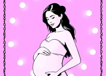 Ilustración de una mujer embarazada con vestido blanco sobre un fondo rosa decorado con luces.