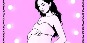 Ilustración de una mujer embarazada con vestido blanco sobre un fondo rosa decorado con luces.