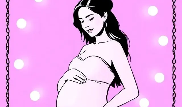 Ilustración de una mujer embarazada con vestido blanco sobre un fondo rosa decorado con luces.