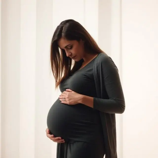 Mujer embarazada vestida de oscuro, mirando hacia abajo mientras sostiene su barriga.