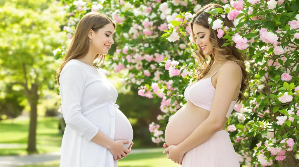 Dos mujeres embarazadas sonríen en un jardín florecido, representando la maternidad después de los 45 años.