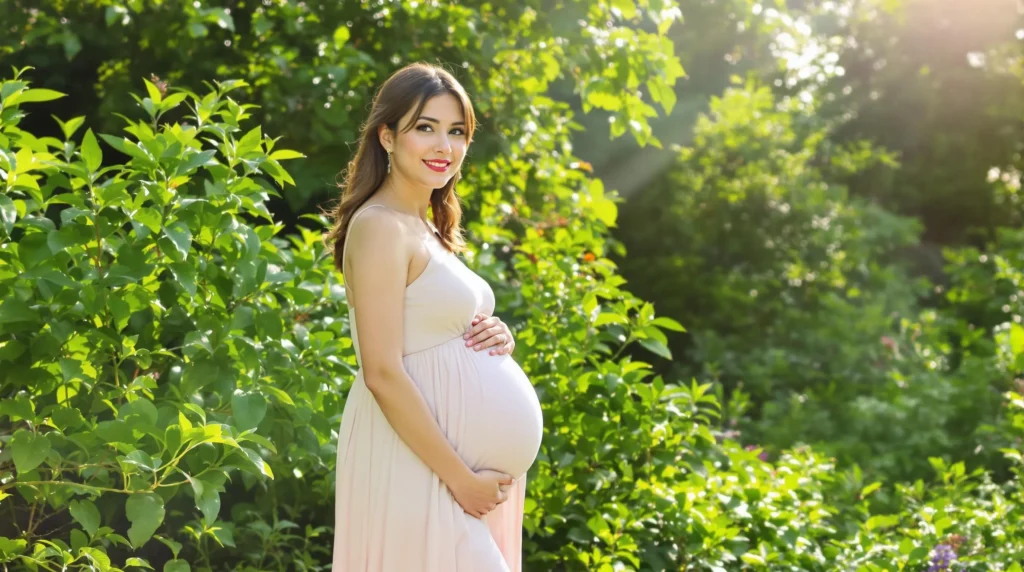 Mujer embarazada con un vestido claro sonríe en un entorno verde iluminado por el sol, reflejando la felicidad de la maternidad tardía.