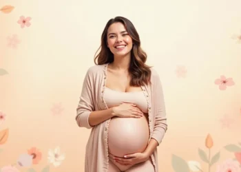 Mujer embarazada sonriendo y sosteniendo su vientre, con un fondo floral suave en tonos pastel.