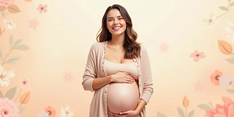 Mujer embarazada sonriendo y sosteniendo su vientre, con un fondo floral suave en tonos pastel.