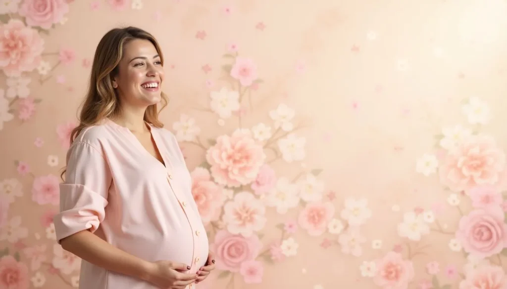 Mujer embarazada con vestido rosa, sonriendo y sosteniendo su vientre frente a un fondo floral en tonos pastel.