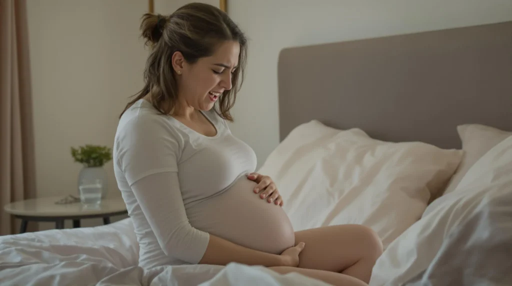 Mujer embarazada con expresión de dolor, sentada en la cama y sosteniendo su vientre.