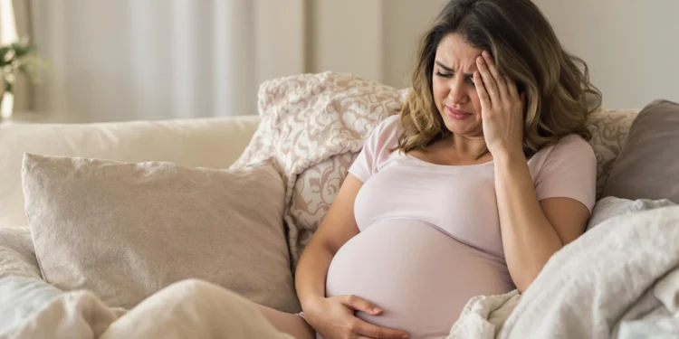 Mujer embarazada con dolor de cabeza y malestar, tocándose la frente mientras descansa en un sofá.