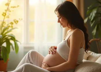 Mujer experimentando los primeros síntomas del embarazo, como náuseas, fatiga y sensibilidad en los senos.