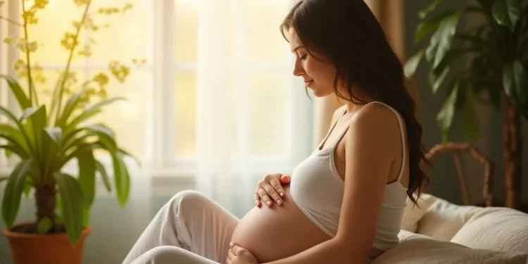 Mujer experimentando los primeros síntomas del embarazo, como náuseas, fatiga y sensibilidad en los senos.