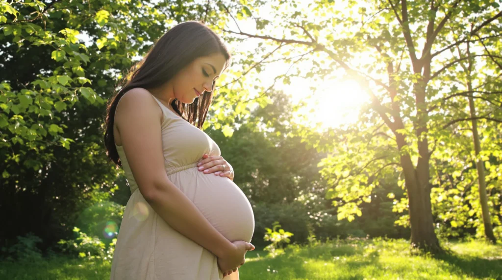 Mujer embarazada sostiene su vientre con ternura mientras disfruta de la luz del sol en un bosque, representando la conexión con la naturaleza en la maternidad tardía.