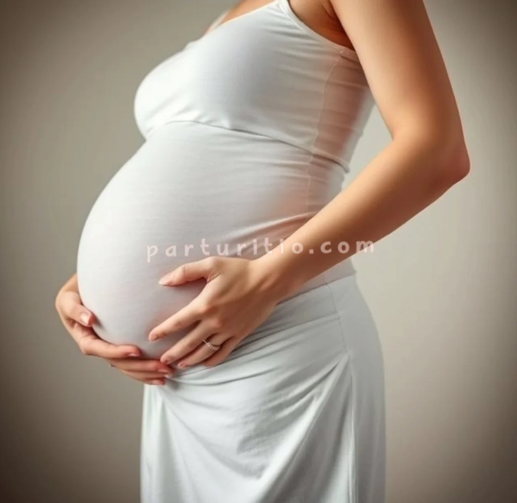 Mujer embarazada con vestido blanco abrazando su barriga.