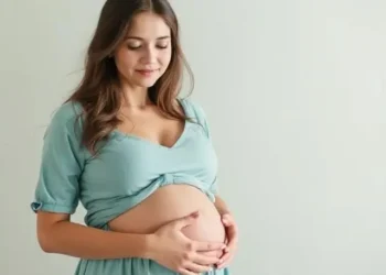 Mujer embarazada con vestido azul claro, acariciando su vientre y sonriendo con ternura.
