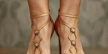 Primer plano de los pies de una mujer con sandalias doradas de tacón alto, con correas decoradas con detalles brillantes y uñas pintadas de rojo.