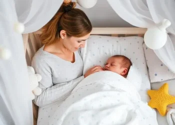 Madre acostada junto a su bebé dormido en una cuna con dosel blanco, creando un ambiente relajante y acogedor.