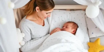 Madre acostada junto a su bebé dormido en una cuna con dosel blanco, creando un ambiente relajante y acogedor.