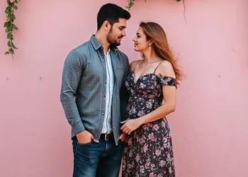 Pareja joven mirándose con complicidad frente a una pared decorada con flores.