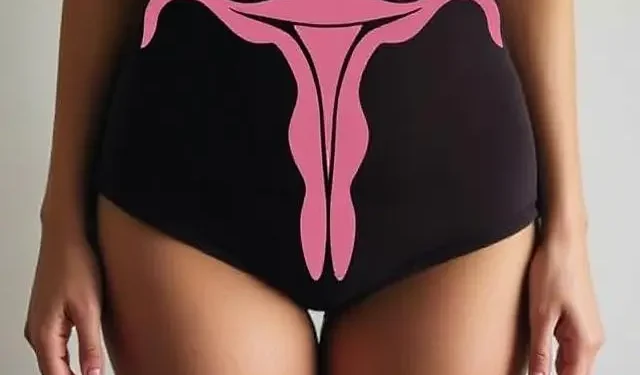 Ilustración de útero en ropa interior negra simbolizando la salud reproductiva femenina.