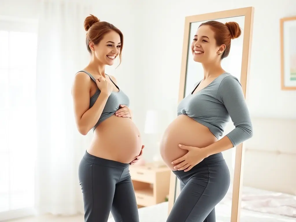 Mujer embarazada feliz mirándose al espejo