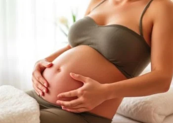 Mujer embarazada en posición de meditación tocando su vientre mientras se prepara para un masaje prenatal.