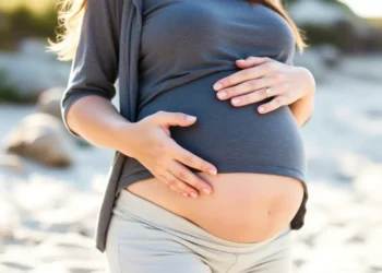 Mujer embarazada acariciando su vientre en la playa durante el embarazo.