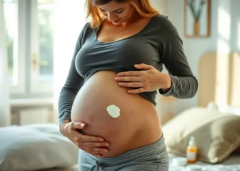 Mujer embarazada aplicando crema en su vientre
