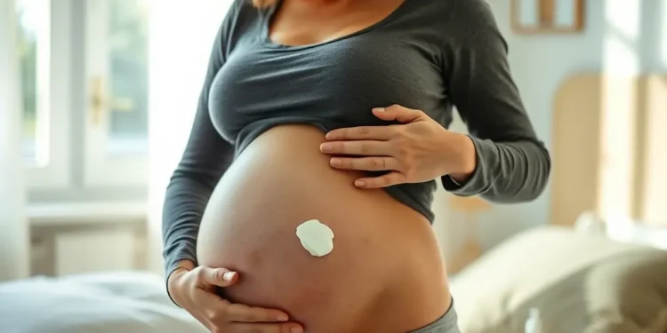Mujer embarazada aplicando crema en su vientre