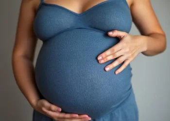 Mujer embarazada con vestido azul tocando su vientre con ambas manos.