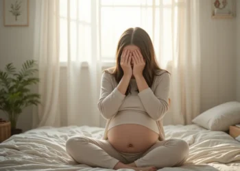 Mujer embarazada sentada en cama con las manos cubriendo su rostro, mostrando ansiedad