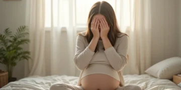 Mujer embarazada sentada en cama con las manos cubriendo su rostro, mostrando ansiedad